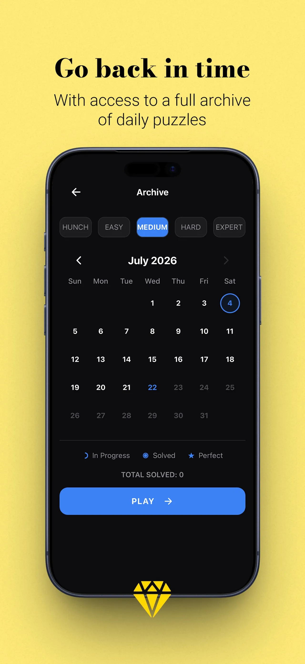 The Crux archive: a July 2026 calendar with Hunch, Easy, Medium, Hard and Expert tabs and a Play button