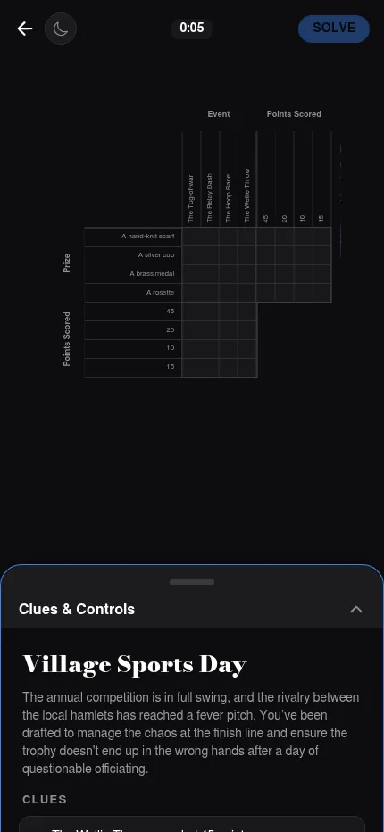 Crux at phone size: the Medium puzzle Village Sports Day, a prize, event and points grid, with the Clues and Controls panel below
