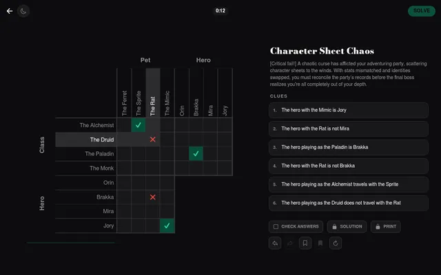 Today's Crux Easy puzzle, Character Sheet Chaos, in a desktop browser: a class, pet and hero grid with three ticks and two crosses, the story and six clues beside it
