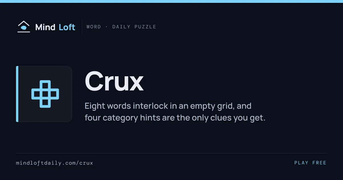 Crux title card from Mind Loft: the game's icon, name and one-line description