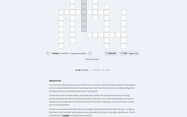 Crux board on mindloftdaily.com: an empty clueless crossword grid with numbered slots, 1-Down highlighted as 9 letters with 0 guesses spent, and Free hint and Hint buttons