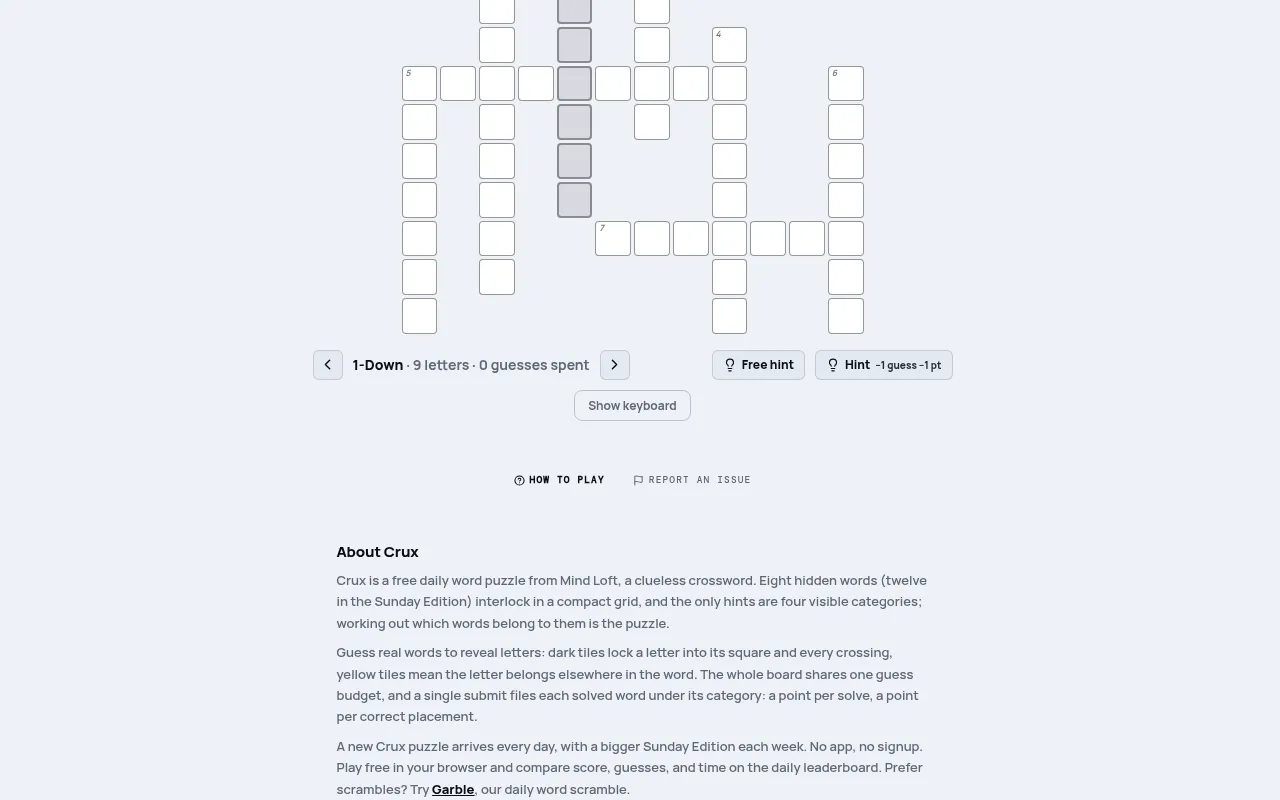 Crux board on mindloftdaily.com: an empty clueless crossword grid with numbered slots, 1-Down highlighted as 9 letters with 0 guesses spent, and Free hint and Hint buttons