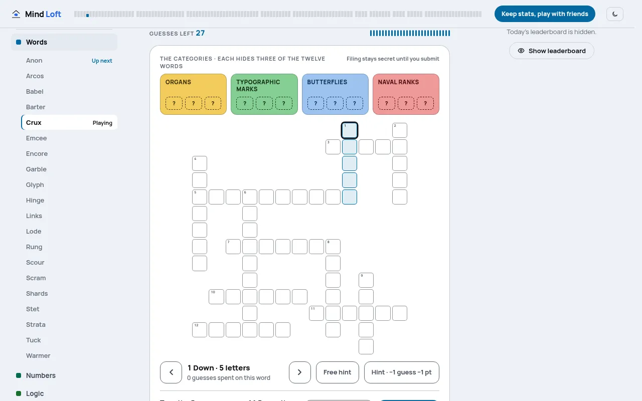Crux Sunday Edition board for 18 October 2026: twelve-word clueless grid under four categories (Organs, Typographic Marks, Butterflies, Naval Ranks), 27 guesses left