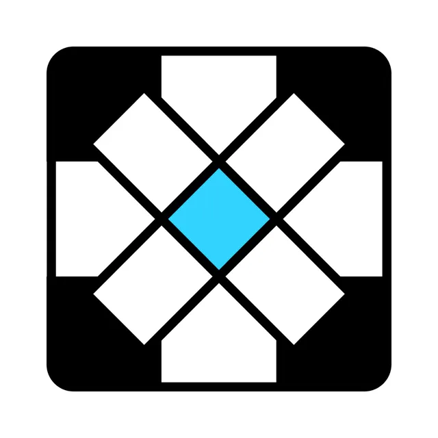 The Crux icon from NRC: white crossword cells in an X shape around a blue centre square on black