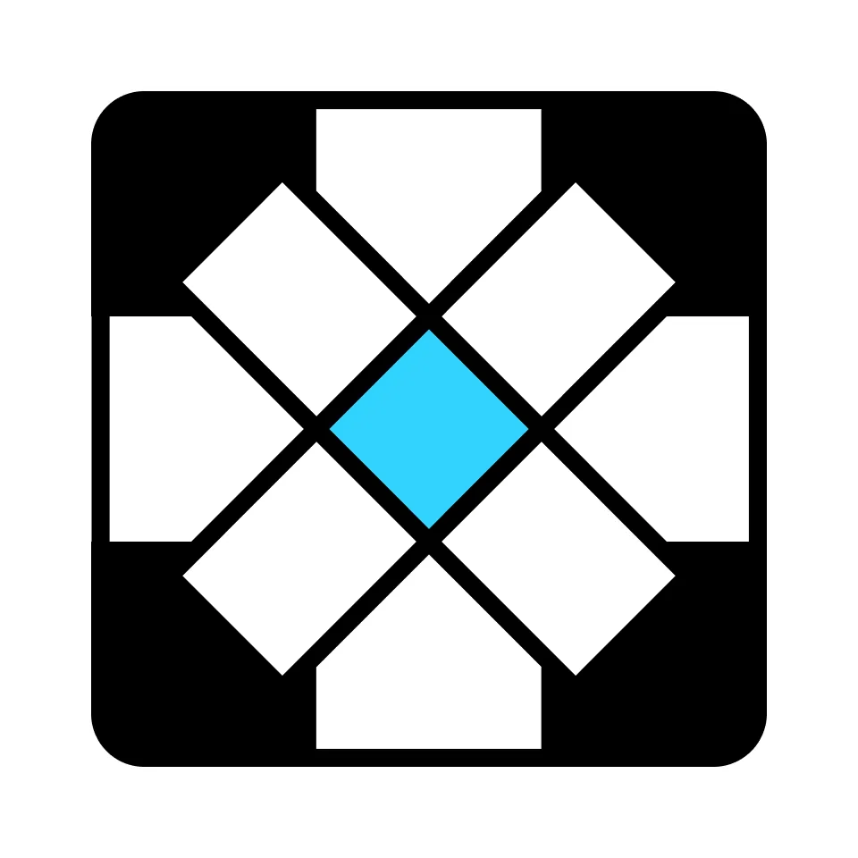 The Crux icon from NRC: white crossword cells in an X shape around a blue centre square on black