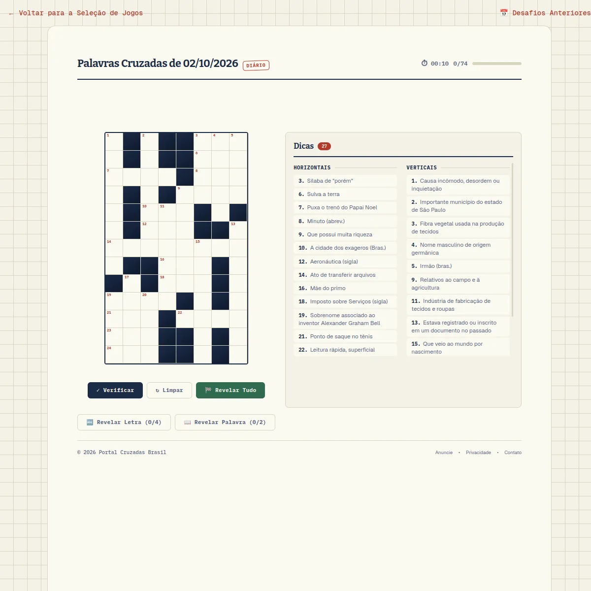 Palavras Cruzadas de 02/10/2026: grid with numbered squares, across and down clues in Portuguese, timer and reveal buttons