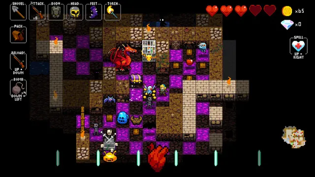 A Crypt of the NecroDancer dungeon floor: Cadence among skeletons, slimes and a red dragon on purple and stone tiles, with item slots, hearts and the beat bar with its heart below