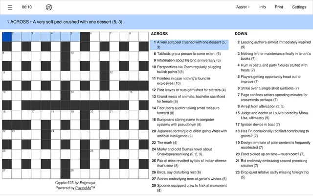 Hindustan Times Cryptic 675 by Enigmaya: the empty 15x15 grid beside its across and down cryptic clues, with 1 Across highlighted