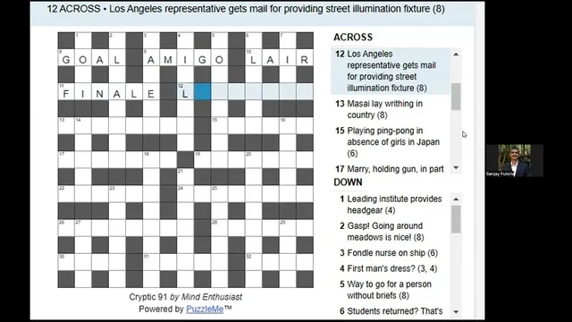 Hindustan Times Cryptic 91 by Mind Enthusiast being solved: the 15x15 grid part filled beside its across and down clues, from a solver's video