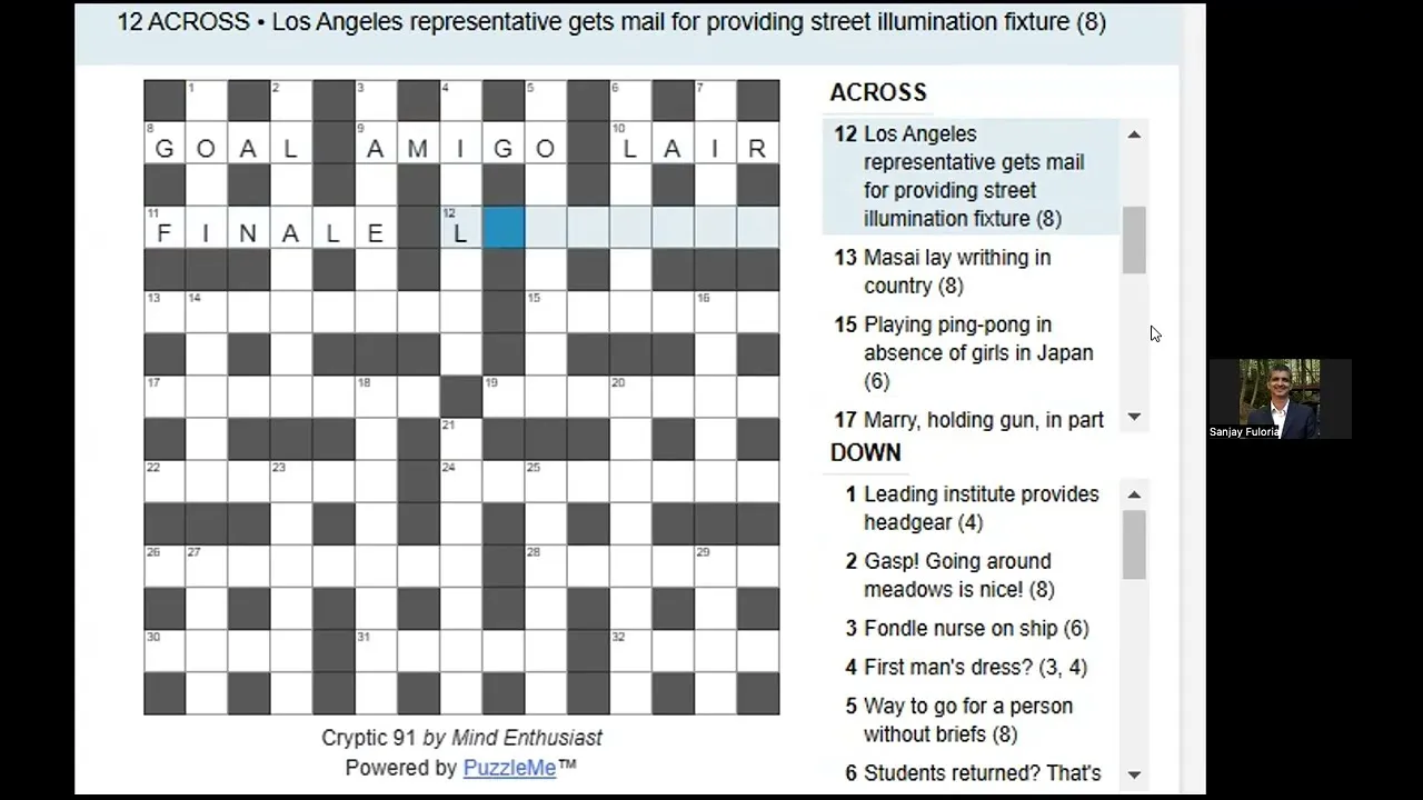 Hindustan Times Cryptic 91 by Mind Enthusiast being solved: the 15x15 grid part filled beside its across and down clues, from a solver's video
