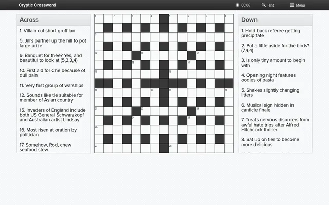 An NZ Herald Cryptic Crossword in play: an empty 15x15 grid between the Across and Down cryptic clues, with a timer, Hint and Menu bar