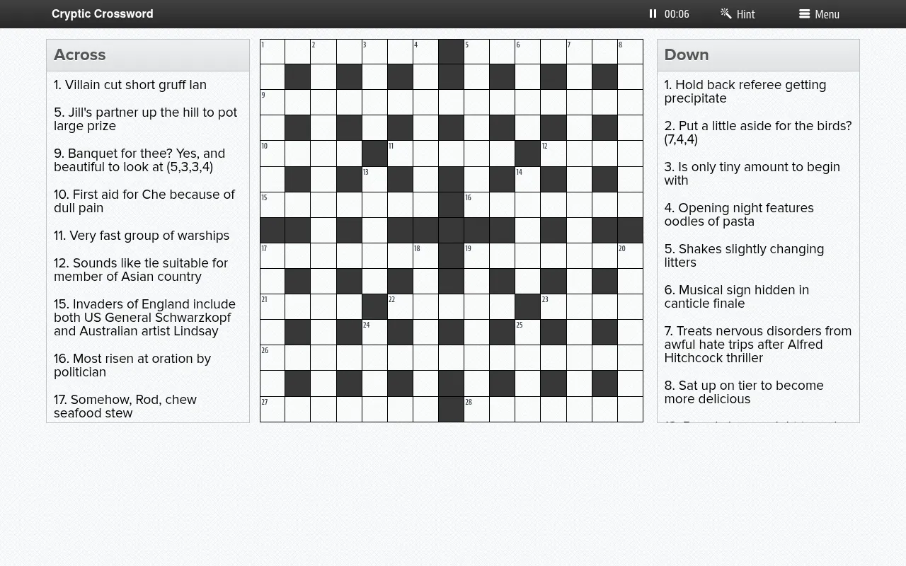An NZ Herald Cryptic Crossword in play: an empty 15x15 grid between the Across and Down cryptic clues, with a timer, Hint and Menu bar