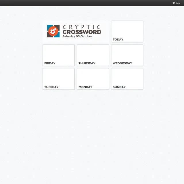 Cryptic Crossword player start screen dated Saturday 03 October, with tiles for today and the previous six days