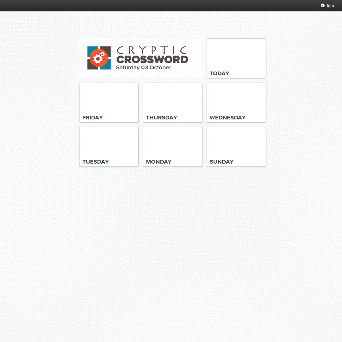 Cryptic Crossword player start screen dated Saturday 03 October, with tiles for today and the previous six days