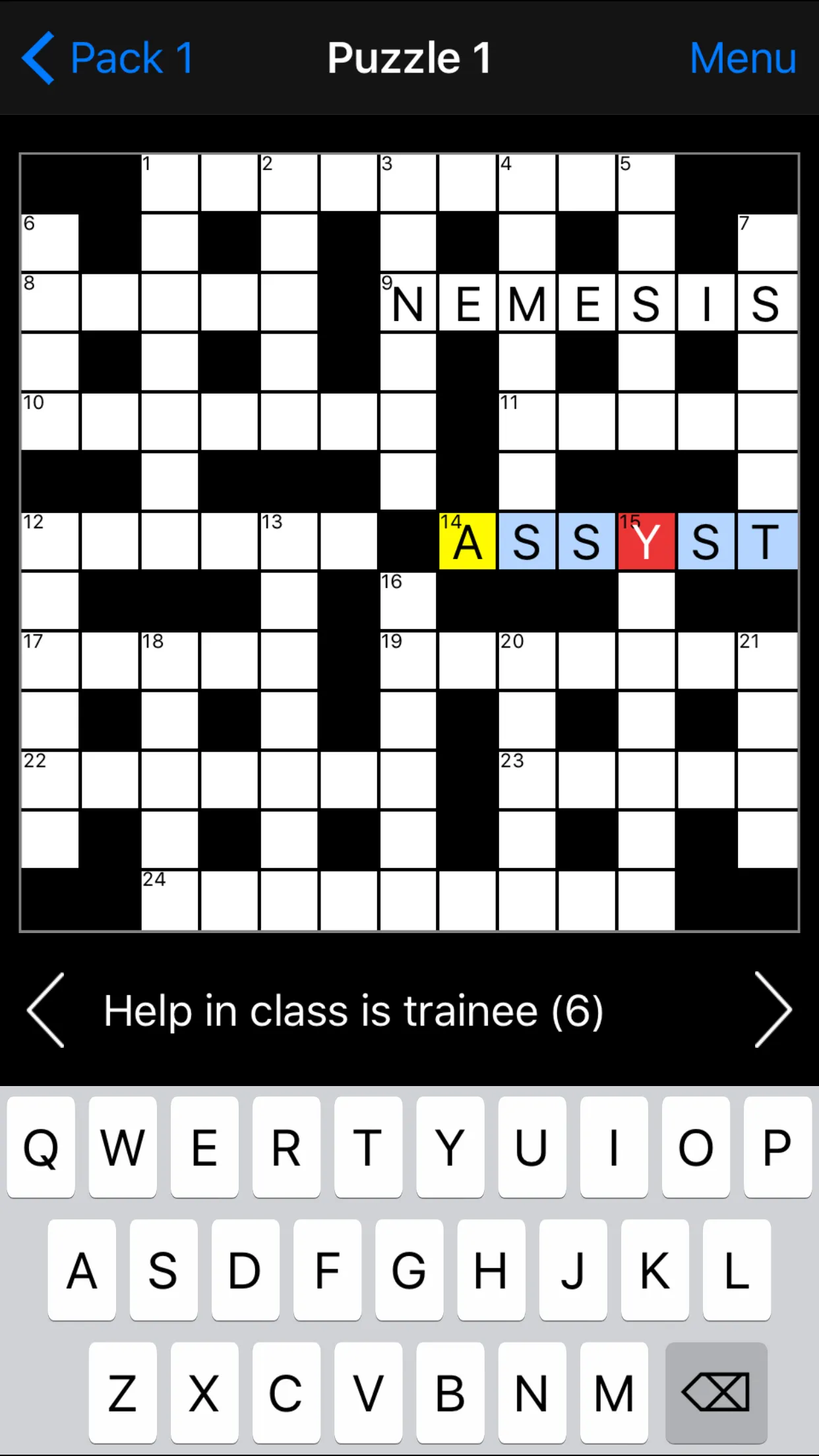 A Cryptic Crossword grid with NEMESIS and ASSYST entered and the clue Help in class is trainee (6)