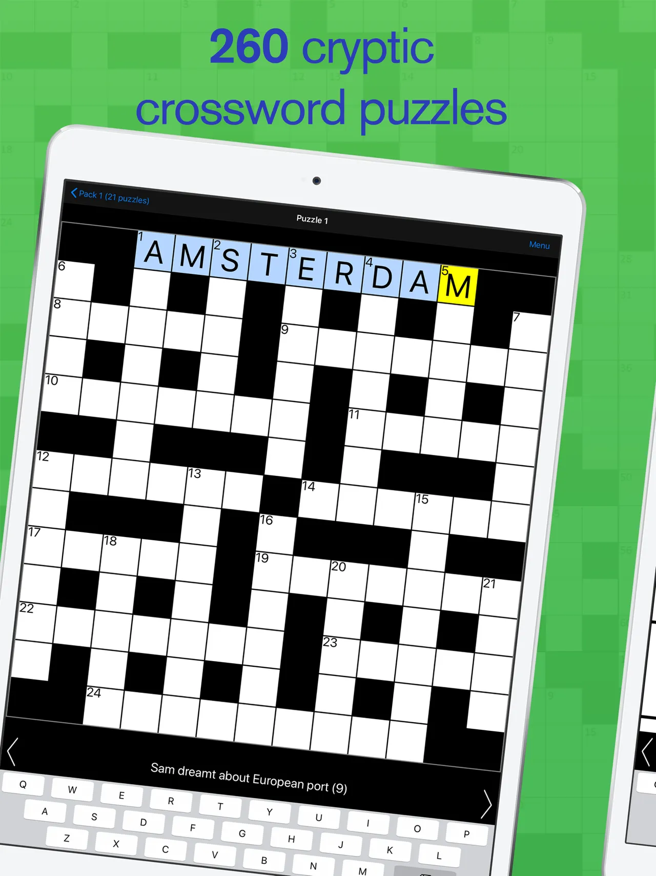 Cryptic Crossword on iPad: a full black-and-white cryptic grid with AMSTERDAM entered, under the words 260 cryptic crossword puzzles