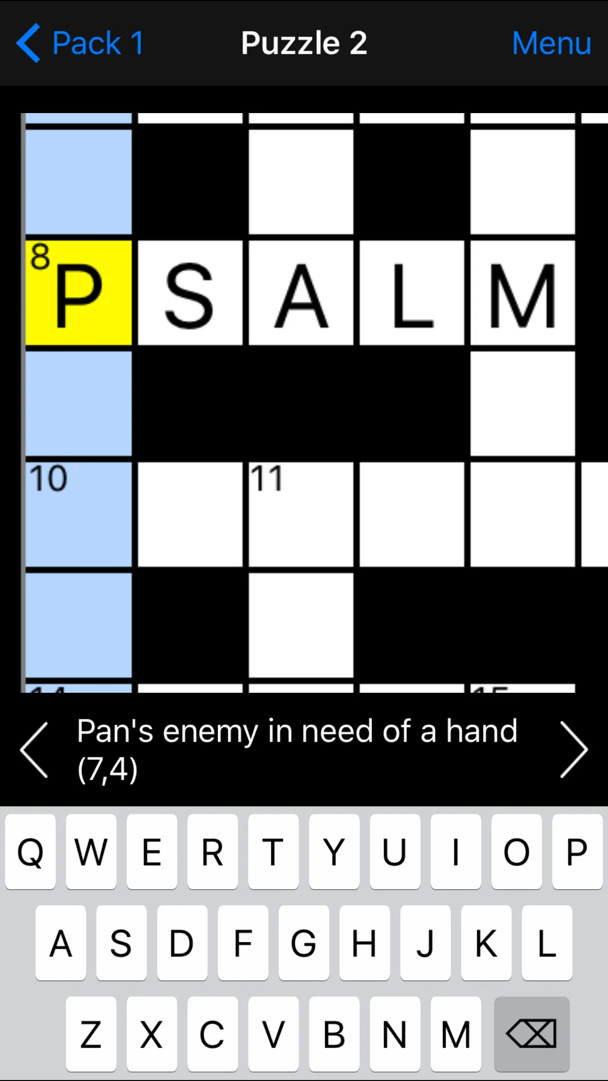 A Cryptic Crossword grid zoomed in with PSALM entered and the clue Pan's enemy in need of a hand (7,4) above the keyboard