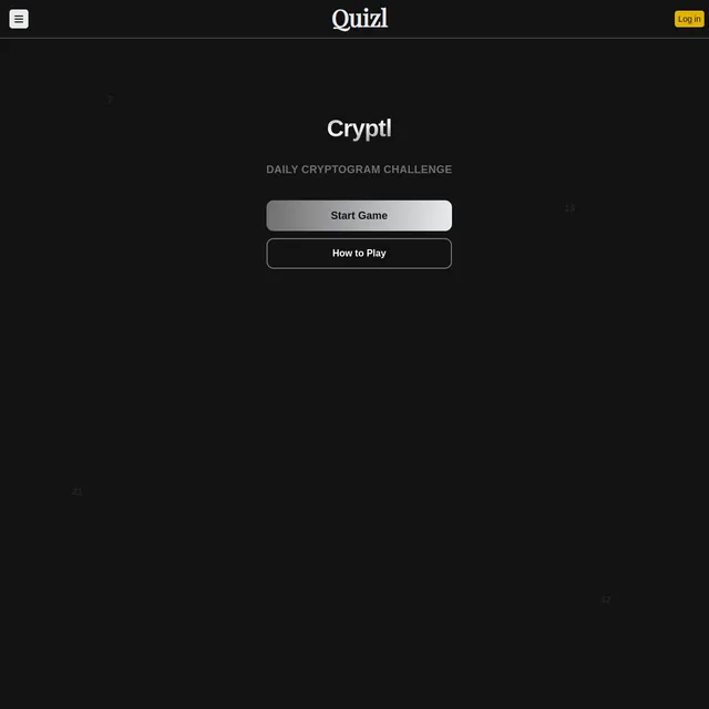 The Cryptl start screen on Quizl: the title Cryptl above the words DAILY CRYPTOGRAM CHALLENGE, with Start Game and How to Play buttons on a dark background.