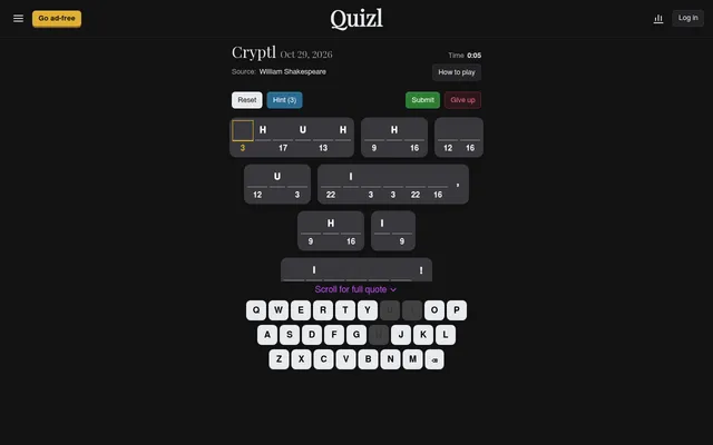 Today's Cryptl for Oct 29, 2026 on Quizl: a coded William Shakespeare quote as numbered blanks with H, U and I given, Reset, Hint (3), Submit and Give up buttons and a keyboard.