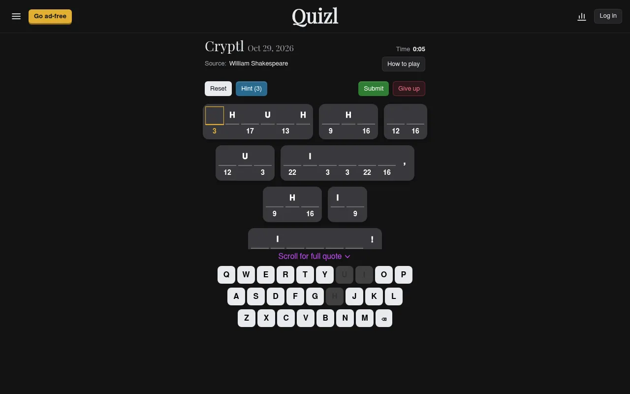 Today's Cryptl for Oct 29, 2026 on Quizl: a coded William Shakespeare quote as numbered blanks with H, U and I given, Reset, Hint (3), Submit and Give up buttons and a keyboard.