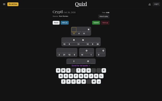 Today's Cryptl for Oct 26, 2026 on Quizl: a coded Rick Riordan quote as numbered blanks with R, N, O and I given, Reset, Hint (3), Submit and Give up buttons and a keyboard.