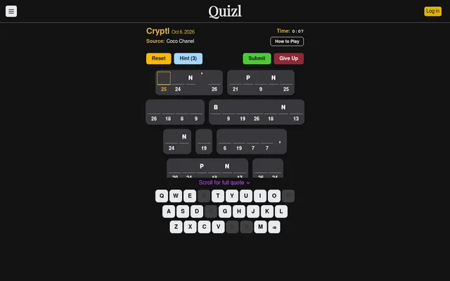 A Cryptl puzzle for Oct 6, 2026 on Quizl: a coded quote by Coco Chanel shown as numbered blanks with a few letters filled in, Hint, Submit and Give Up buttons above and an on-screen keyboard below.