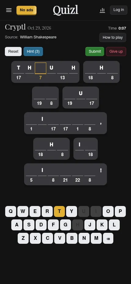Cryptl at phone size for Oct 29, 2026: a T typed into every matching blank of the Shakespeare quote, with the on-screen keyboard below.