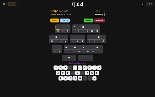 Today's Cryptl for Oct 21, 2026 on Quizl: a coded quote by Cormac McCarthy as numbered blanks with F, R, H, N and M given, Reset, Hint, Submit and Give Up buttons and a keyboard.