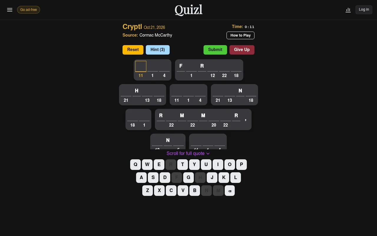Today's Cryptl for Oct 21, 2026 on Quizl: a coded quote by Cormac McCarthy as numbered blanks with F, R, H, N and M given, Reset, Hint, Submit and Give Up buttons and a keyboard.