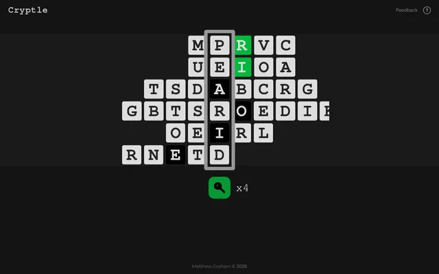 Cryptle board of 27 October 2026 after one key: R and I green in the first two dials, tested letters A, O, I and E dark, and four keys left
