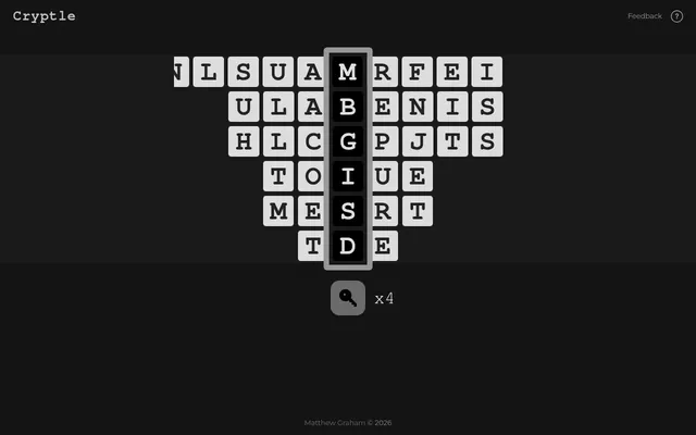 Cryptle board after one key: six letter dials with the tested letters MBGISD dark in the centre frame and four keys left