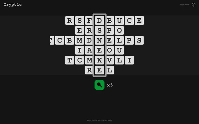 Cryptle board: six horizontal letter dials with the guess DSNEKE in the centre window and a green key button with five tries left