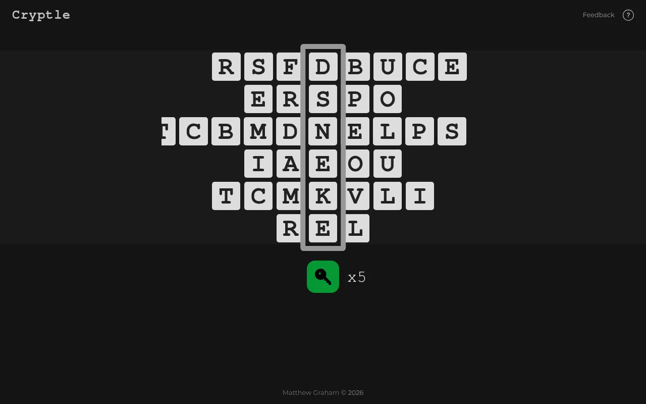 Cryptle board before a test: six horizontal letter dials with DSNEKE in the centre frame and a green key button with five keys