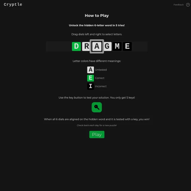 Cryptle How to Play screen: a row of six letter dials spelling DRAGME, text explaining to unlock the hidden six-letter word in five tries by dragging dials, a colour key (neutral untested, green corre