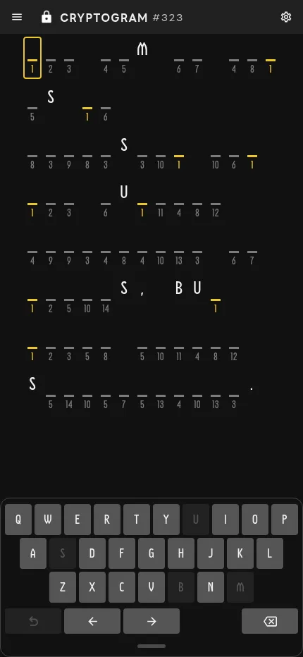Cryptogram #323 at phone size: the numbered blanks of the day's quotation fill the screen above the keyboard