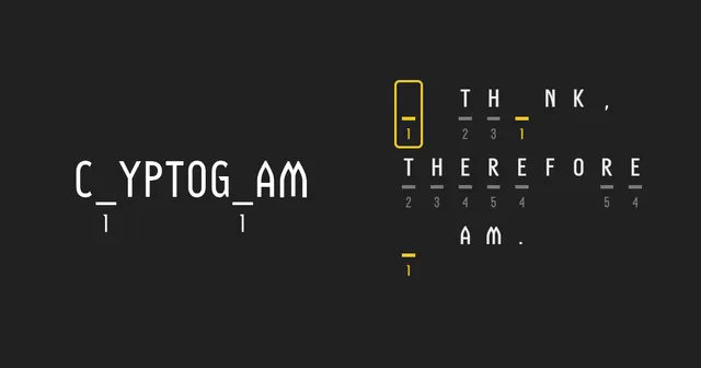 Cryptogram title card with a sample cipher reading 'I think, therefore I am' with numbered blanks