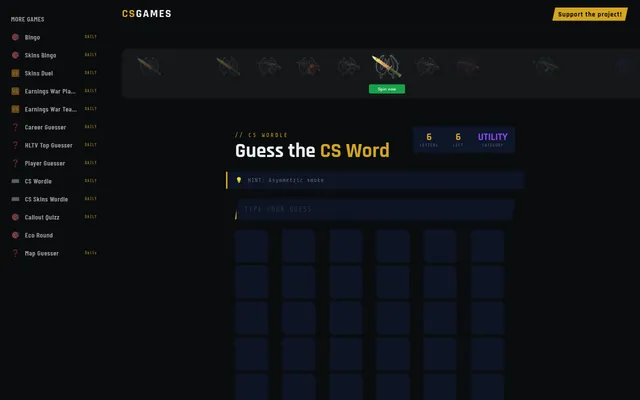 CS Wordle board: Guess the CS Word with 6 letters, 6 guesses left, category Utility and a hint, above an empty six-by-six grid, with the site's other daily games in the sidebar