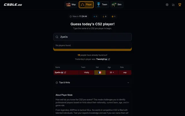 CSDLE.gg Player mode today: a guess of ZywOo shown in columns for team, nationality, age with an up arrow, and role, each marked against the hidden CS2 pro