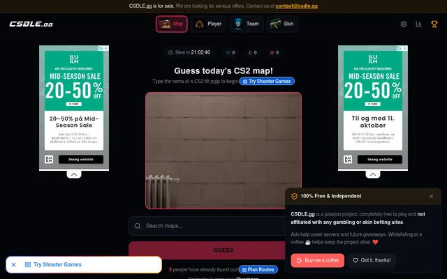 CSDLE.gg map mode: Guess today's CS2 map from a close crop of a brick wall with a radiator, a map search box and a countdown to the next puzzle