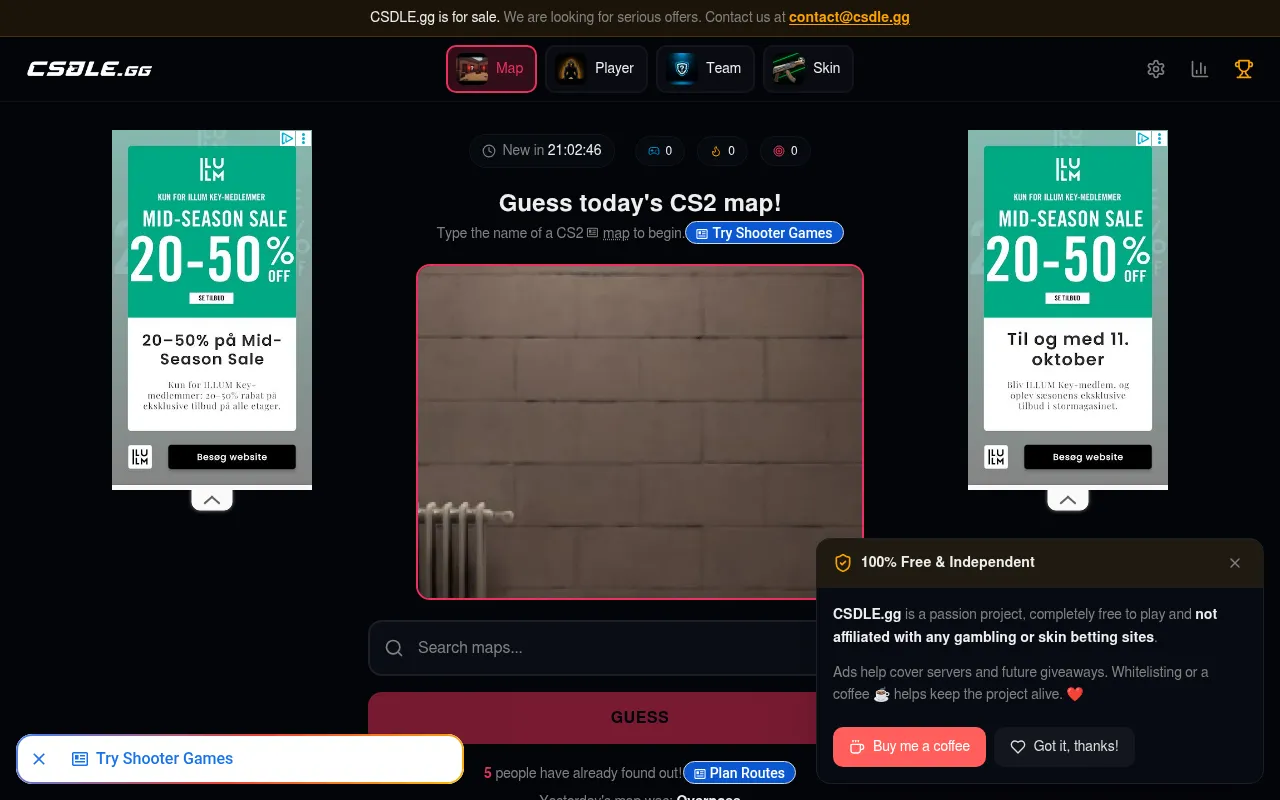 CSDLE.gg map mode: Guess today's CS2 map from a close crop of a brick wall with a radiator, a map search box and a countdown to the next puzzle