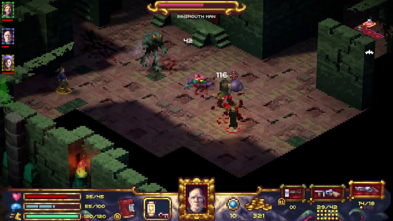 Cthulhu's Reach: Devil Reef co-op fight: a party of investigators battles the Innsmouth Man boss on a mossy stone floor, with his health bar at the top