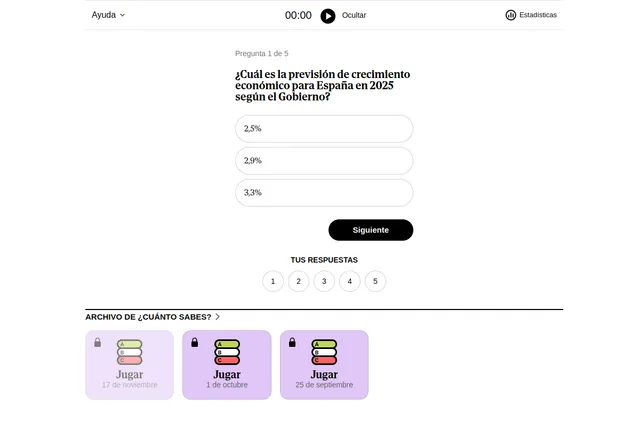 ¿Cuánto sabes? question 1 of 5, a question on Spain's economic growth forecast with three answer options, a Siguiente button and the archive of past quizzes