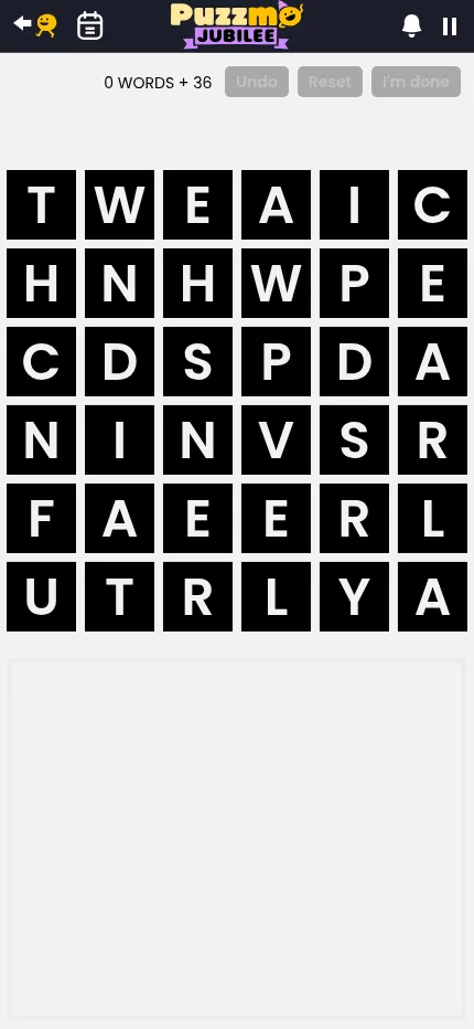 Cube Clear at phone size on 27 October 2026: the 6 by 6 letter grid fills the screen width above the empty word tree, with no ad on the screen