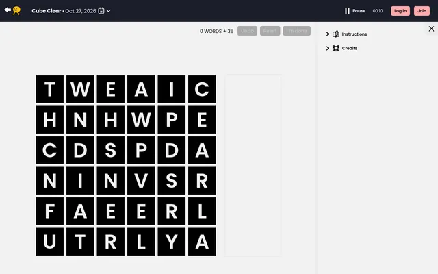 The Cube Clear board for 27 October 2026 on Puzzmo: a 6 by 6 grid of black letter tiles, 0 words and 36 letters to go, with Undo, Reset and I'm done buttons