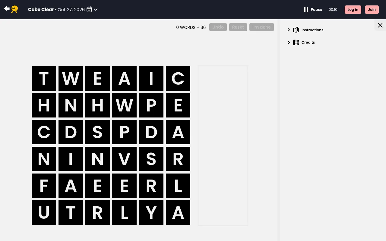 The Cube Clear board for 27 October 2026 on Puzzmo: a 6 by 6 grid of black letter tiles, 0 words and 36 letters to go, with Undo, Reset and I'm done buttons