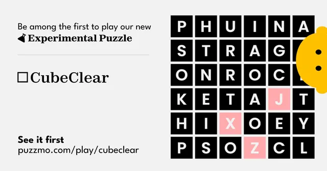 Puzzmo's launch image for CubeClear, an experimental puzzle, beside a 6 by 6 grid of black letter tiles with J, X and Z in pink
