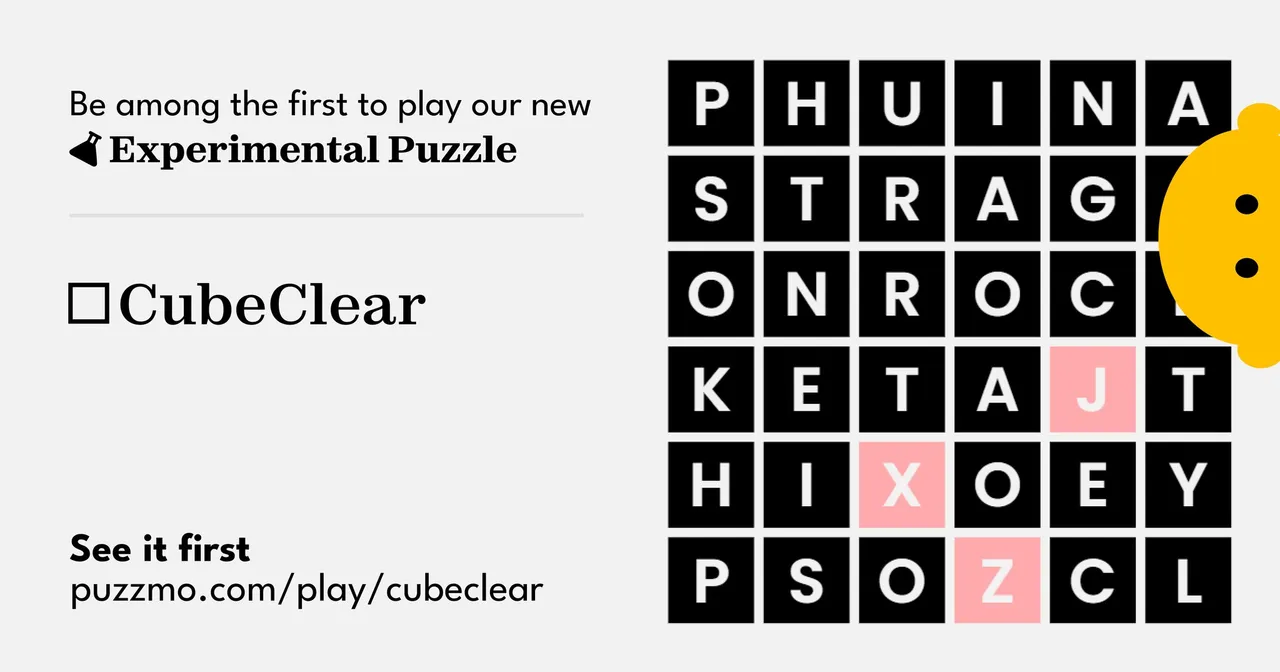 Puzzmo's launch image for CubeClear, an experimental puzzle, beside a 6 by 6 grid of black letter tiles with J, X and Z in pink