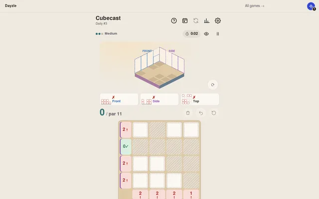 Cubecast Daily #3: an empty 3D plan with front and side walls, Front, Side and Top cards, 0 of par 11, and a 4x4 grid of plain and striped squares with row and column heights