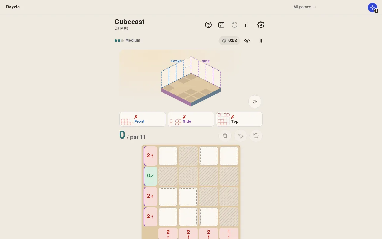 Cubecast Daily #3: an empty 3D plan with front and side walls, Front, Side and Top cards, 0 of par 11, and a 4x4 grid of plain and striped squares with row and column heights