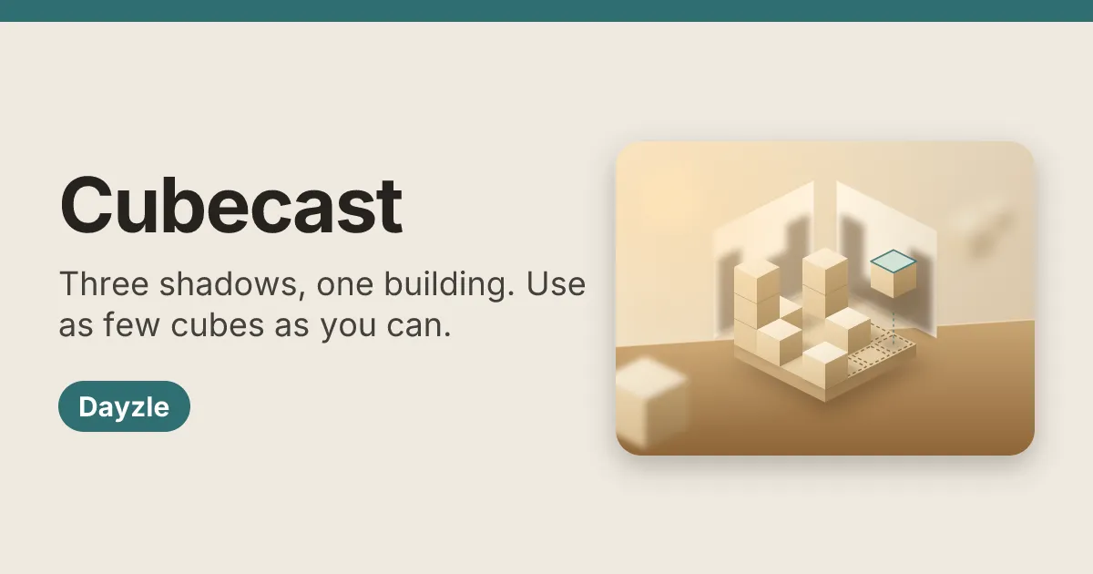 Cubecast card: the name and rule beside a model of wooden cubes casting shadows on two walls, with one cube being placed